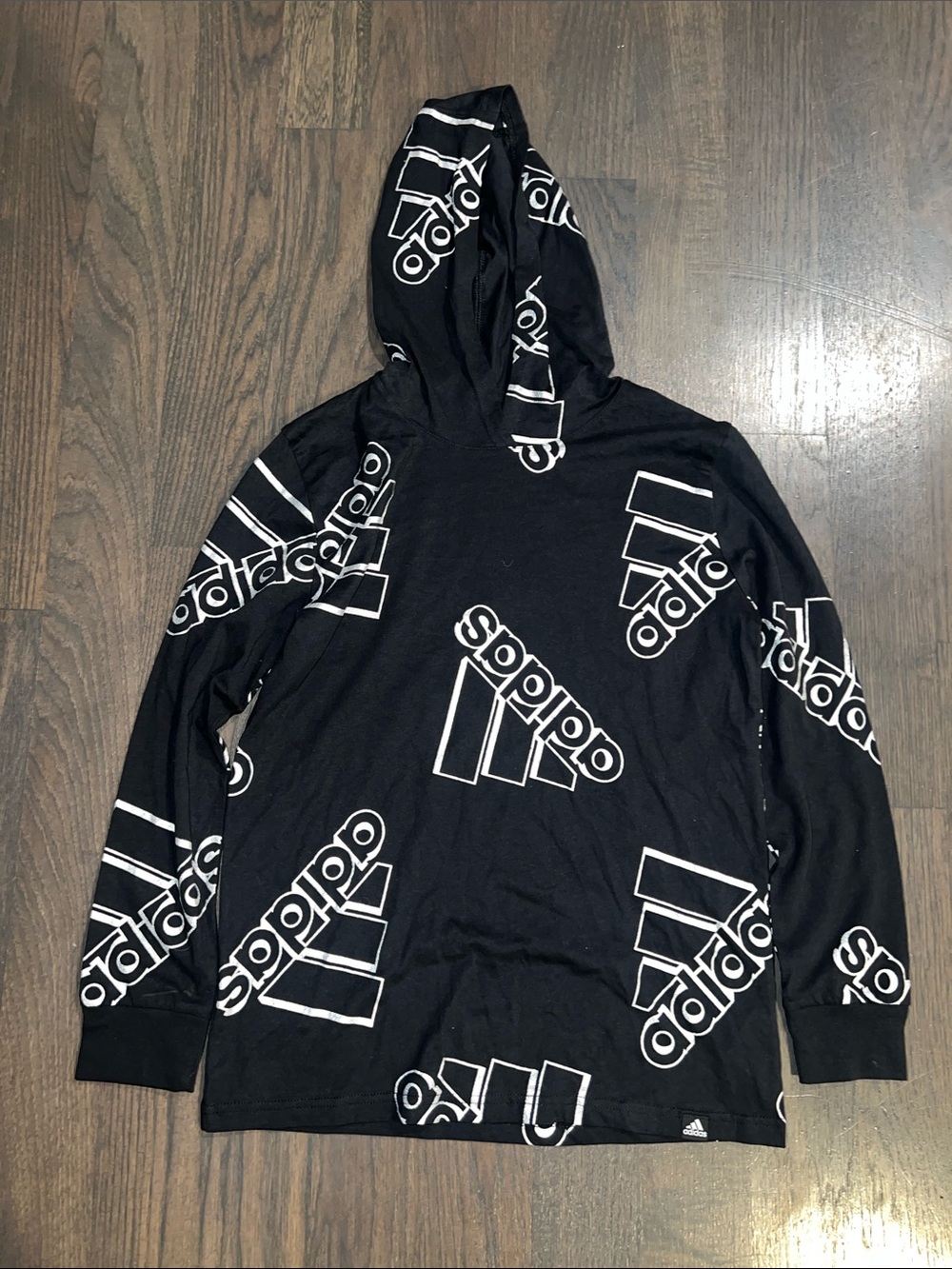 adidas Black Hooded Long Sleeve Logo-Print Top